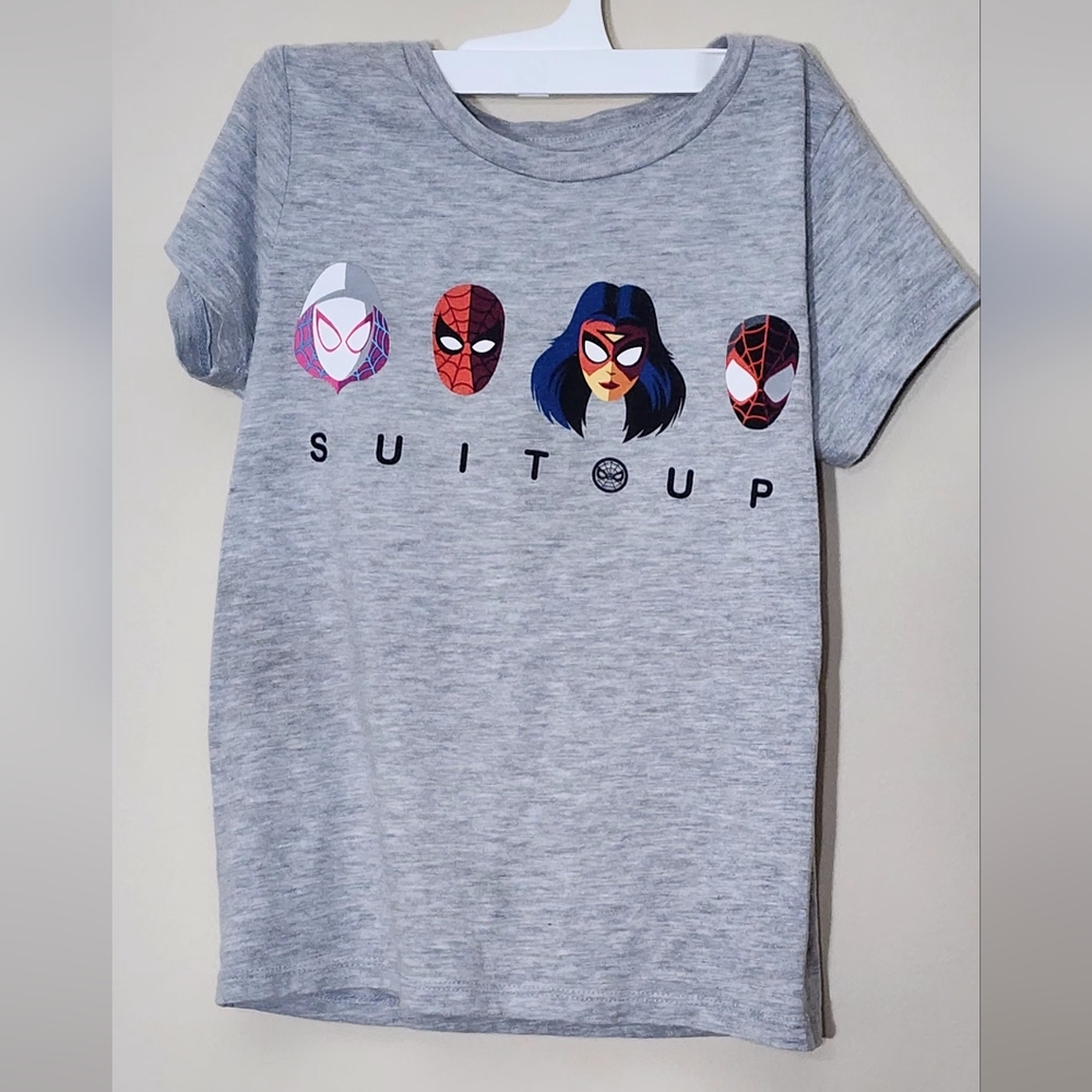 Gray Graphic Tee with Superhero Faces